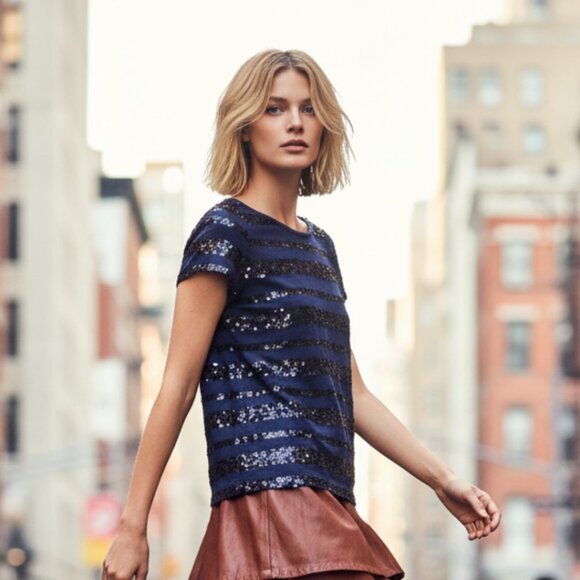 Joe Navy Blue Sequin Stripe Stretch Cotton T-Shirt | Boat Neck - Picture 1 of 16